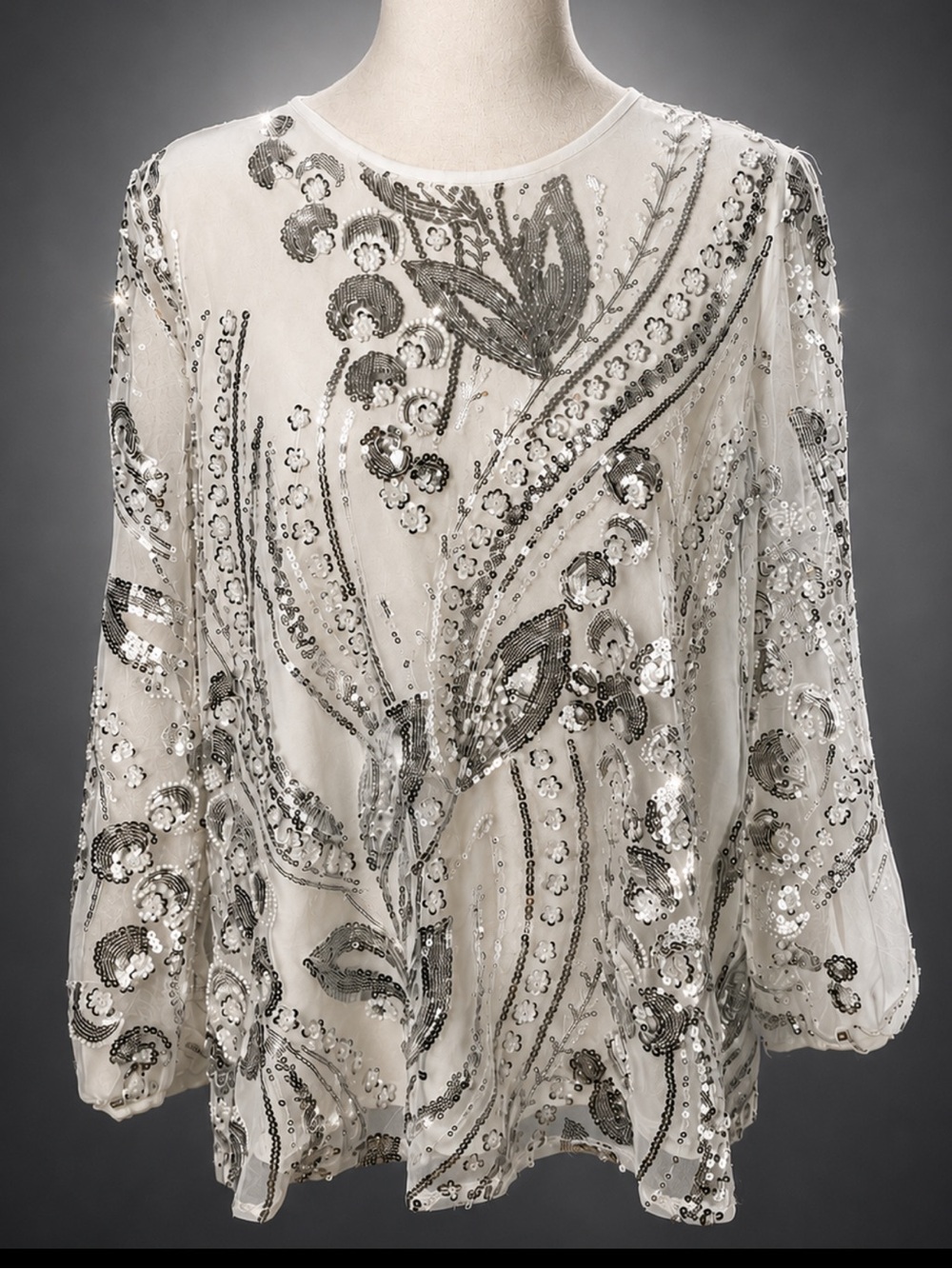 Adrianna Papell NWT White & Silver Hand-Beaded Sequin Evening Blouse NWT Medium
